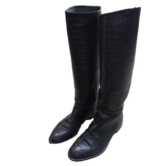 Stuart Weitzman Boots 7.5 Black Crocodile Embossed Equestrian